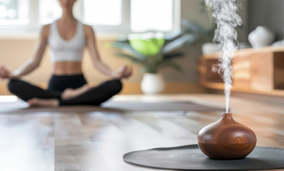 Aromaterapeutický difusér na jógové podložce s meditující ženou v pozadí
